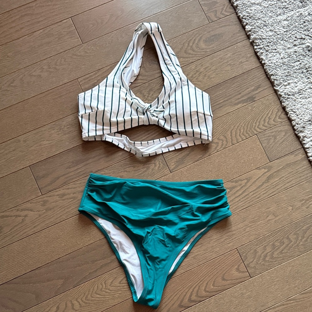 Striped White & Teal Two-Piece Women’s Swim Set